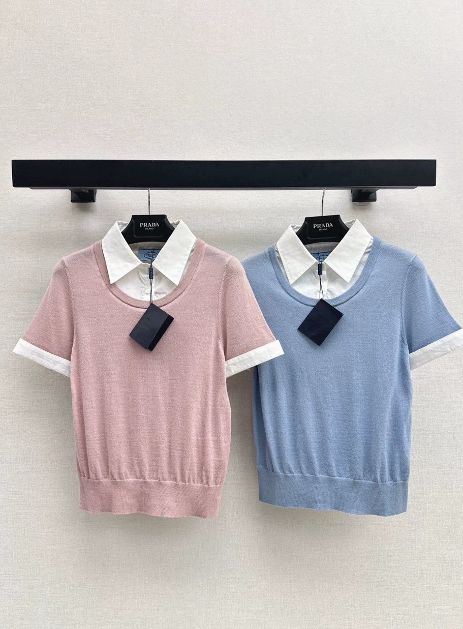 p 25 spring and summer new fresh ageing style false two-piece knitted short-sleeved