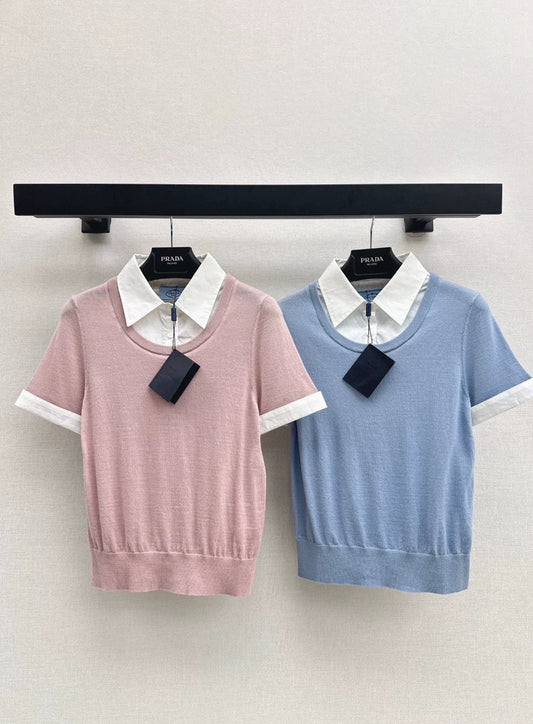 p 25 spring and summer new fresh ageing style false two-piece knitted short-sleeved