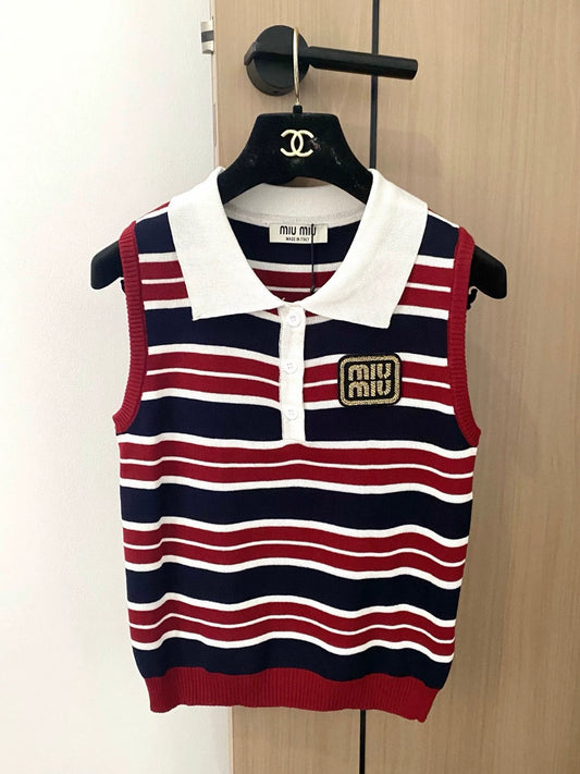 M 25 New Logo Clashing Stripes Lapel Sleeveless Knit Tank Top