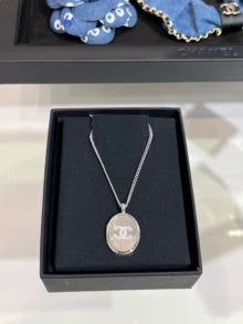 C 25 White Enamel Double C Mirrored Oval Button Necklace