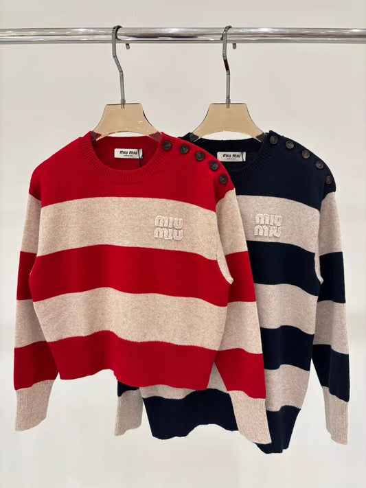 M 25 Spring and Summer new round neck letter logo patch striped color matching casual knitted long sleeve
