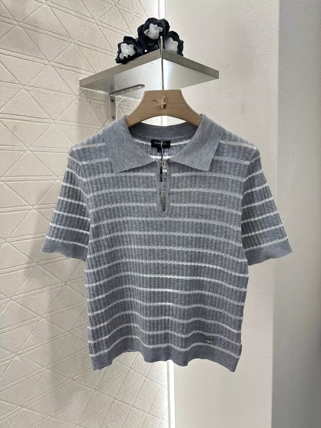C 25 Spring/Summer New Hollow Front Striped Knit Short Sleeve Top(white gray pink balck)