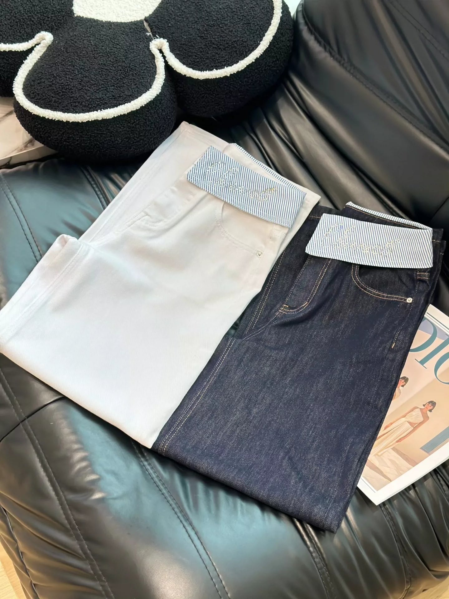 C 25 Cuffed rhinestone lettered denim straight-leg pants