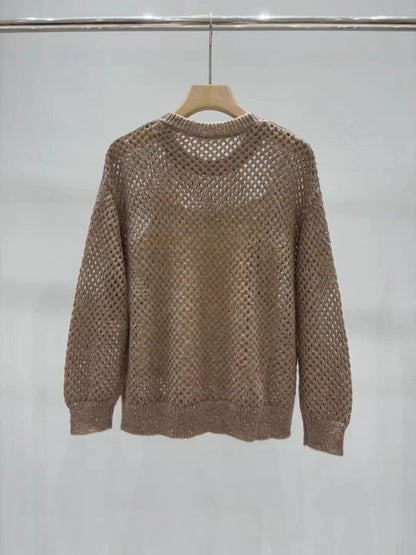 BRU 25 new hollow round neck long sleeve knitted top
