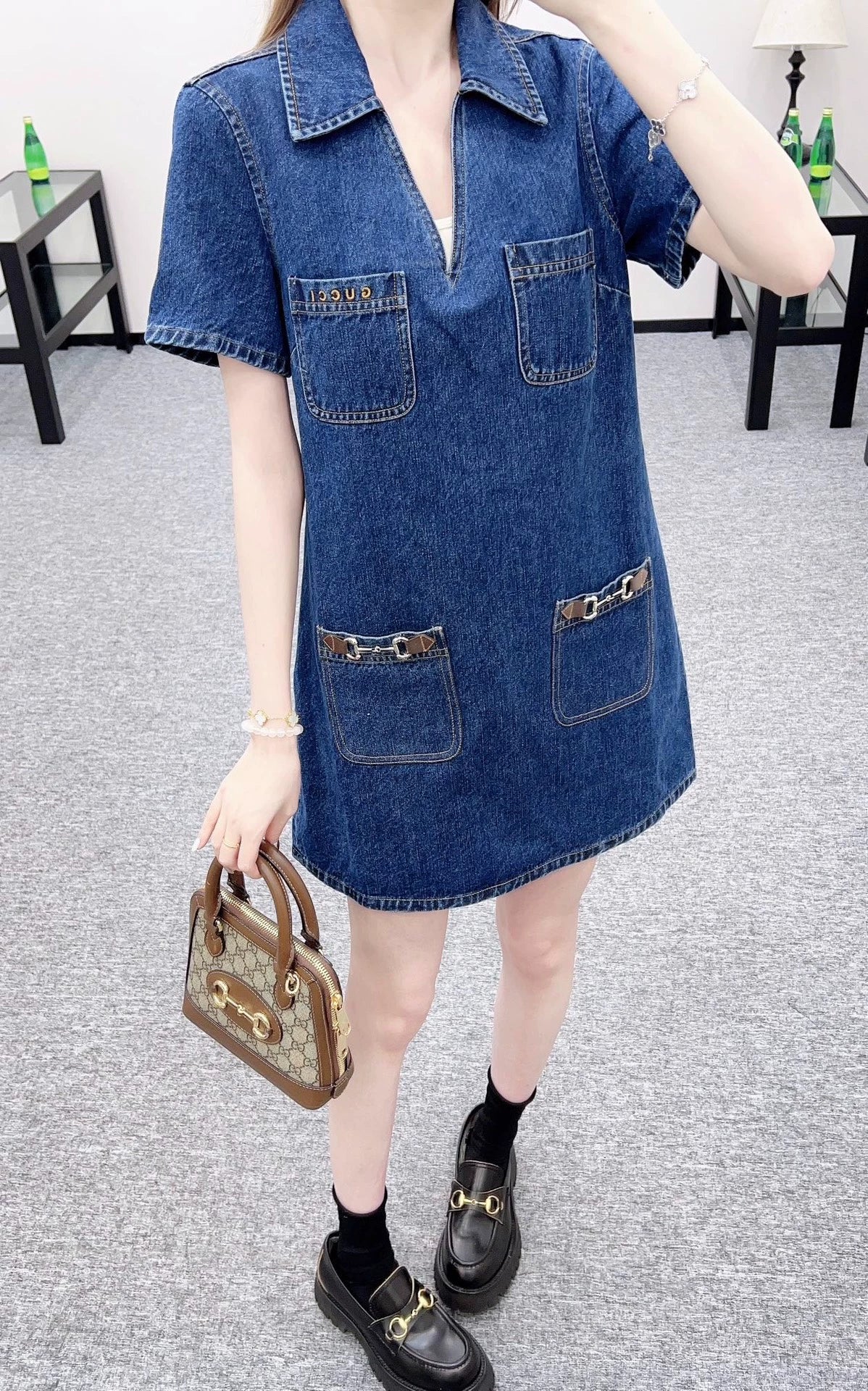 G 25 Denim lapel short-sleeved dress