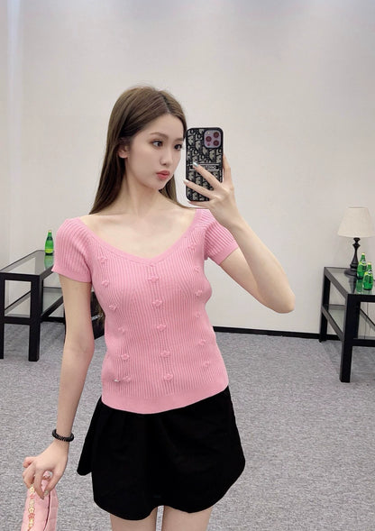 C 25 Spring and Summer New Three-dimensional Crochet Knitted Short-sleeved Top(pink white blue black)