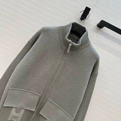 He 25 Mid-length cashmere knitted zip-up jacket(100% cashmere BROWN/GRAY)