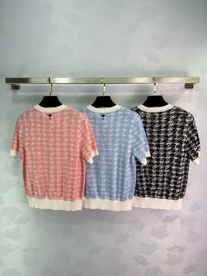 D 25 New Thousand Birdie Check Short Sleeve Knit Top