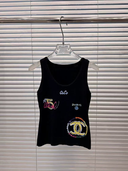 Letter digital print elastic slim fit sleeveless knitted vest