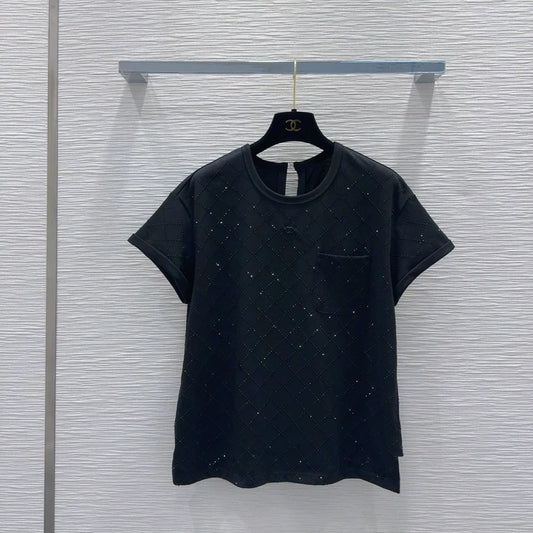 C 25 New Hot rhinestone diamond lattice pockets ageing round neck short sleeve（black，white）