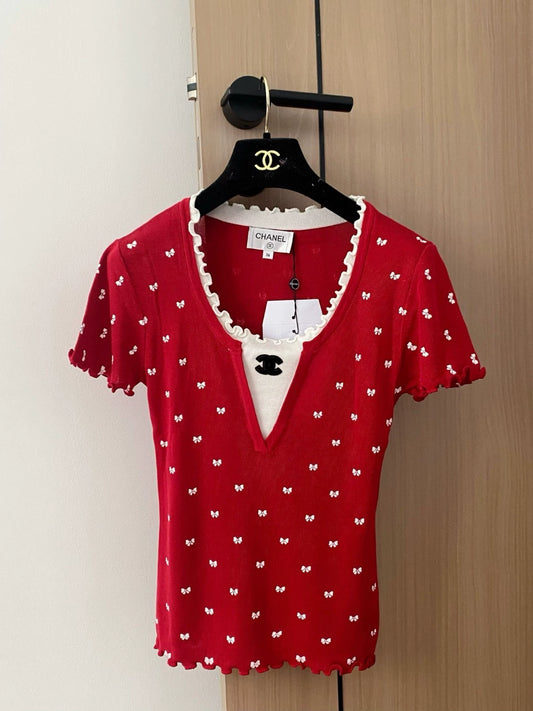 C 25 New Clashing Bow Trim Short Sleeve Knit Top