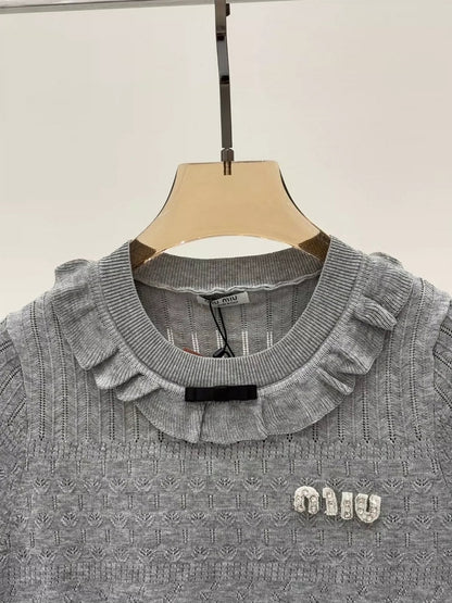 M 25 Early spring new round neck letter logo inlaid diamond ruffles decorative casual knitted short sleeves