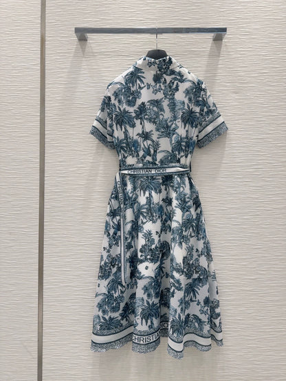 D 25 New Leaf Print Belted Short Sleeve Dresses