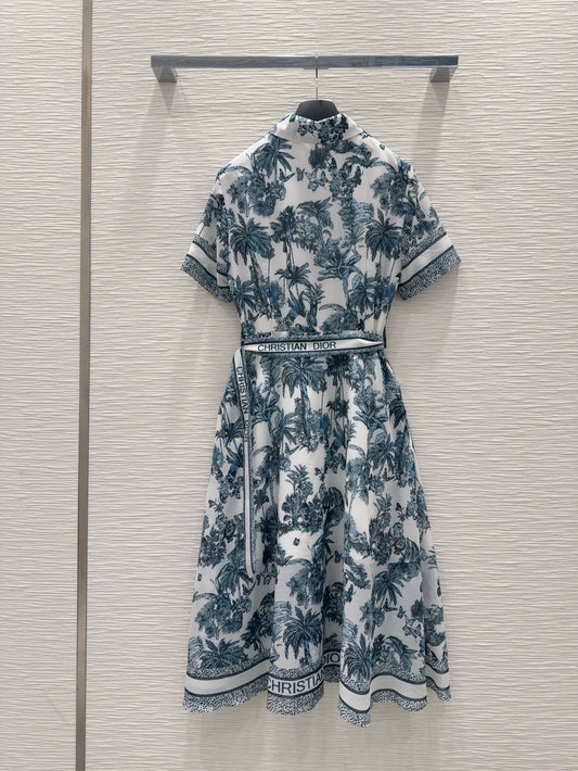 D 25 New Leaf Print Belted Short Sleeve Dresses