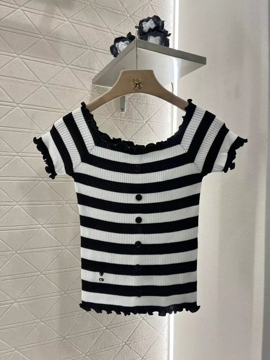 2025 Spring and Summer New Striped Knitted Short Sleeve Top