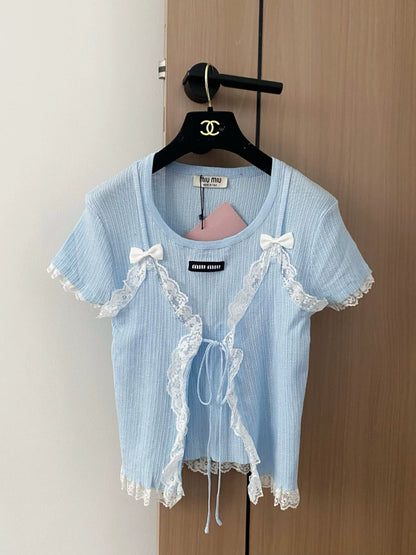 M 25 New Lace Lace Logo Short Sleeve False Two Piece Knit Top(white gray blue)