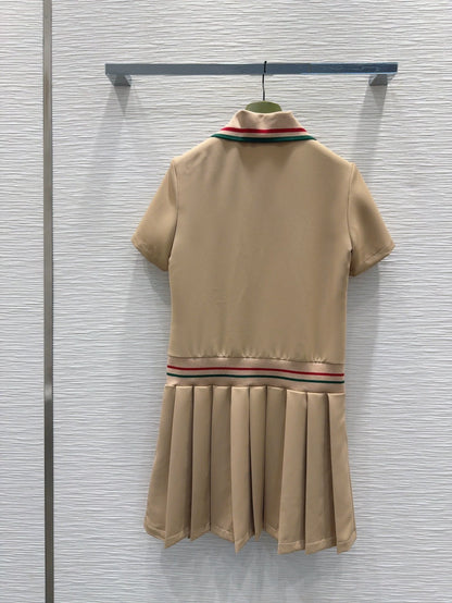 G 25 New Embroidered Letter Striped Button Lapel Short Sleeve Pleated Dresses