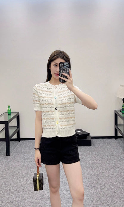C 25 New Sequin Stripe Knit Short Sleeve Cardigan