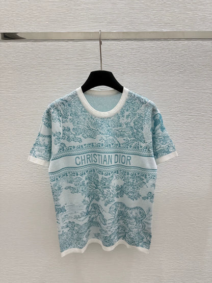 D 25 new color clashing print round neck short sleeve knitting(PINK GREEN GRAY)