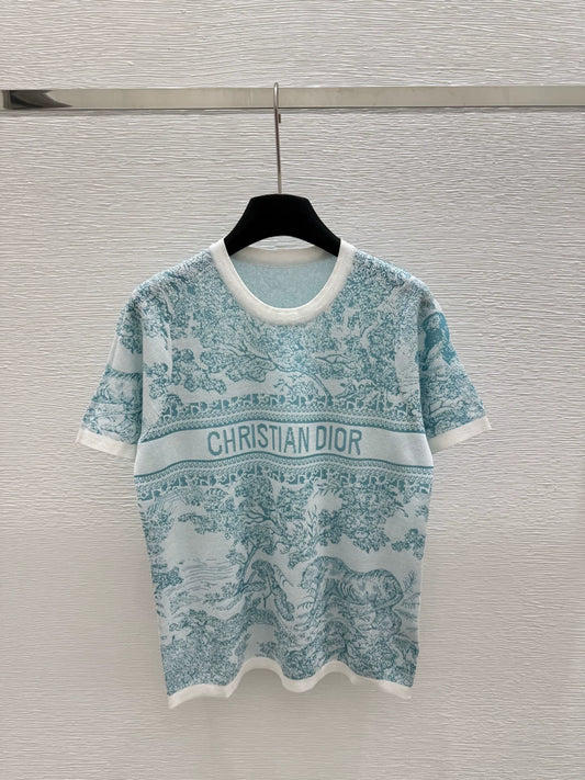 D 25 new color clashing print round neck short sleeve knitting(PINK GREEN GRAY)