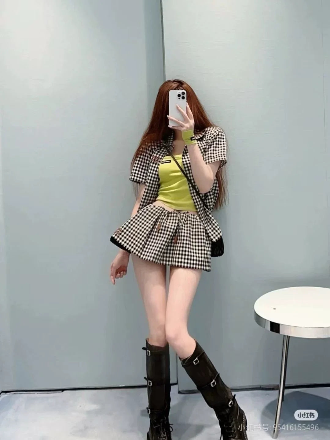 m 2025 Summer New Plaid Suit Loose Shirt + Mini Skirt