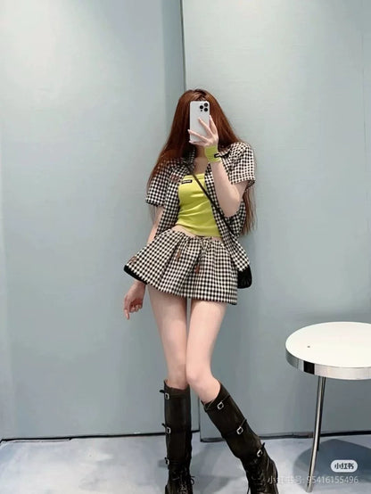 m 2025 Summer New Plaid Suit Loose Shirt + Mini Skirt