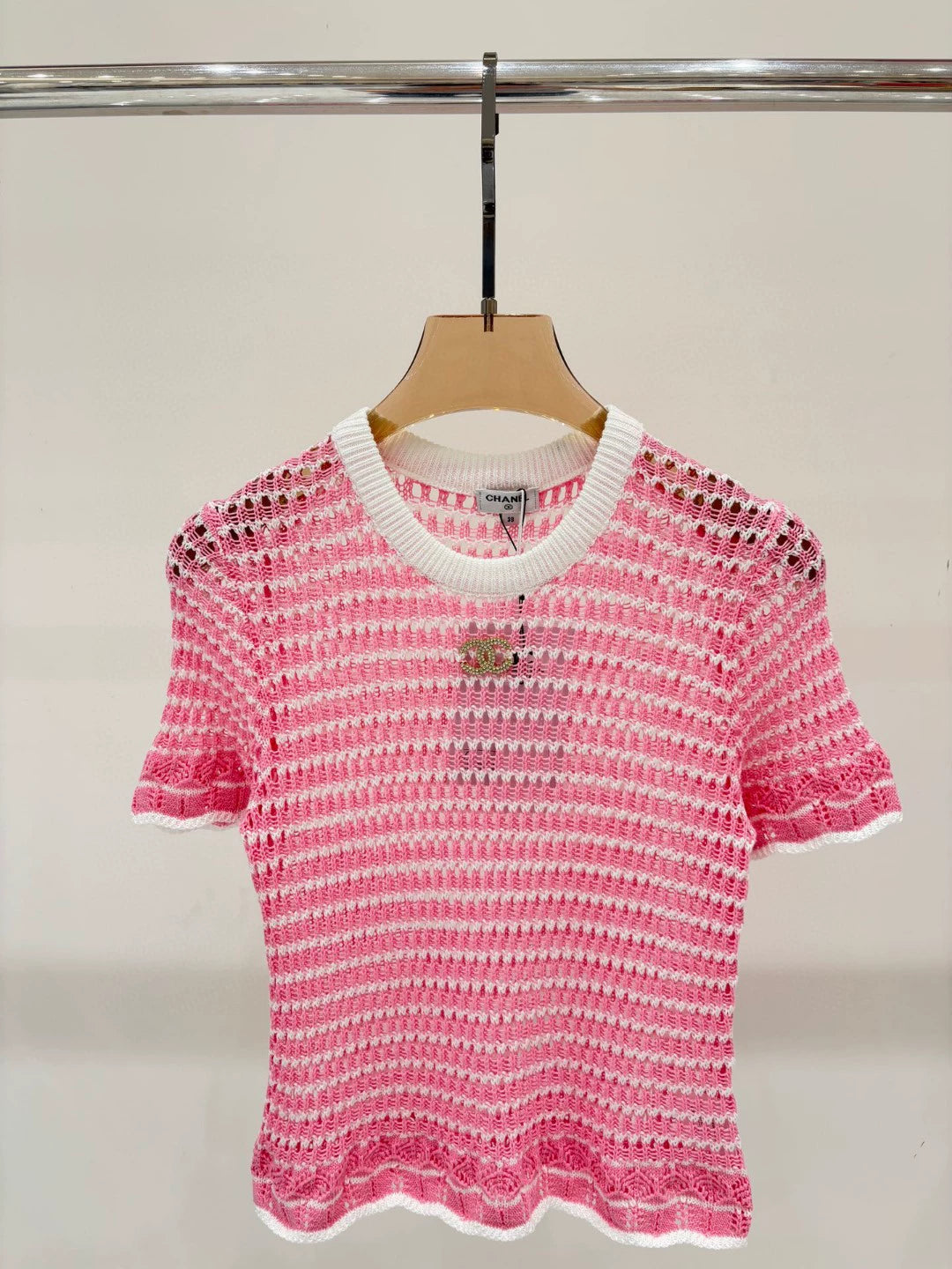 C 25 Summer New Round Neck Letter Logo Diamonds Logo Hollow Out Casual Knit Short Sleeve