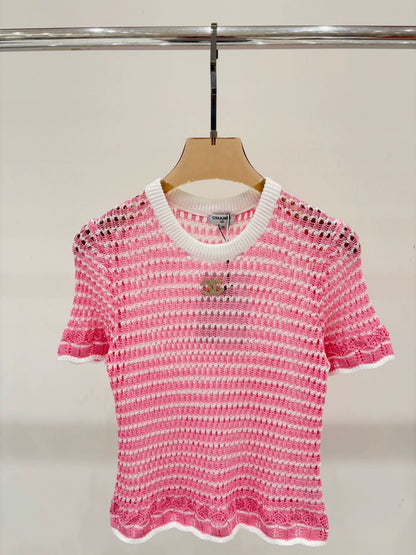 C 25 Summer New Round Neck Letter Logo Diamonds Logo Hollow Out Casual Knit Short Sleeve