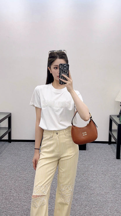 Ce 25 New Studded embroidery letters round neck short sleeve T-shirt
