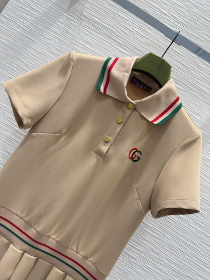 G 25 New Embroidered Letter Striped Button Lapel Short Sleeve Pleated Dresses