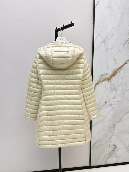 MON 25 New Hooded, Lightweight Long Down Jacket with a Waist Fit