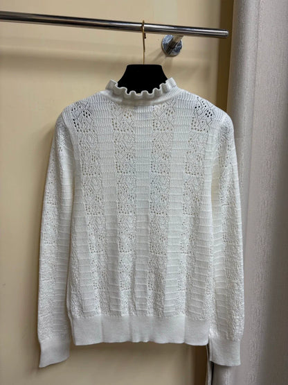 C 2025 Summer New Hollow Pocket Single-Breasted Ruffled Stand Collar Long-Sleeved Knitted Cardigan