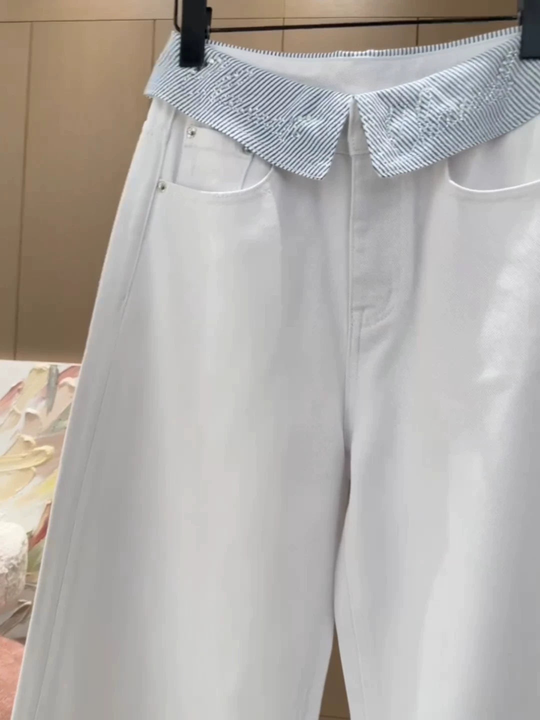 C 25 Cuffed rhinestone lettered denim straight-leg pants