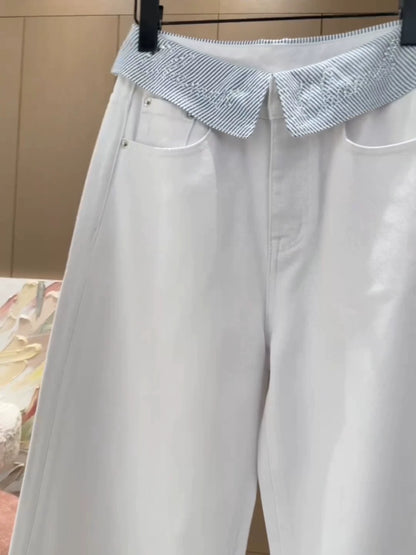 C 25 Cuffed rhinestone lettered denim straight-leg pants