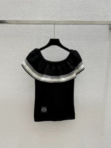 LO 2025 Summer New Color-contrast Ruffled One-shoulder Knitted Short-sleeved Top