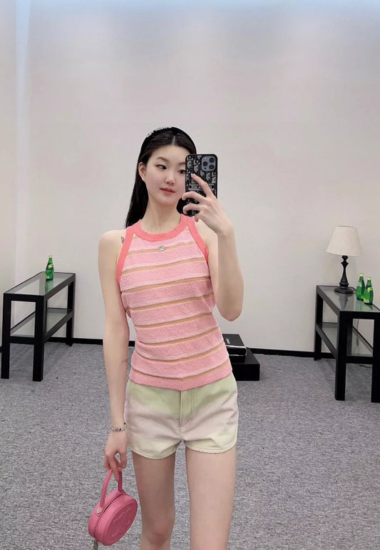 C 25 Spring/Summer New Knit Striped Vest(BLACK PINK)