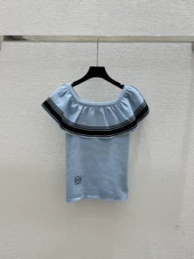 LO 2025 Summer New Color-contrast Ruffled One-shoulder Knitted Short-sleeved Top