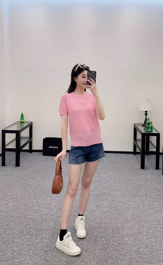 M 25 spring and summer new openwork knit short-sleeved top