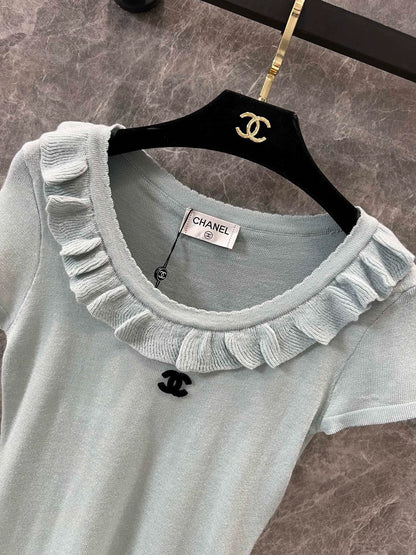C 25Ss early spring new style lace round neck slim fit knitted short-sleeved top