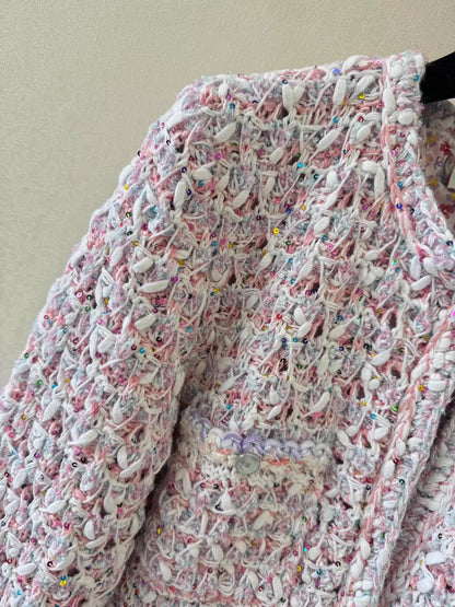 C 25 Macaron color matching woven three-dimensional cardigan