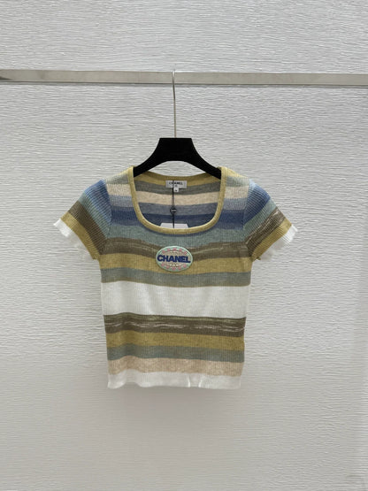 C 2025 Summer New Color Striped Knitted Short Sleeve Top