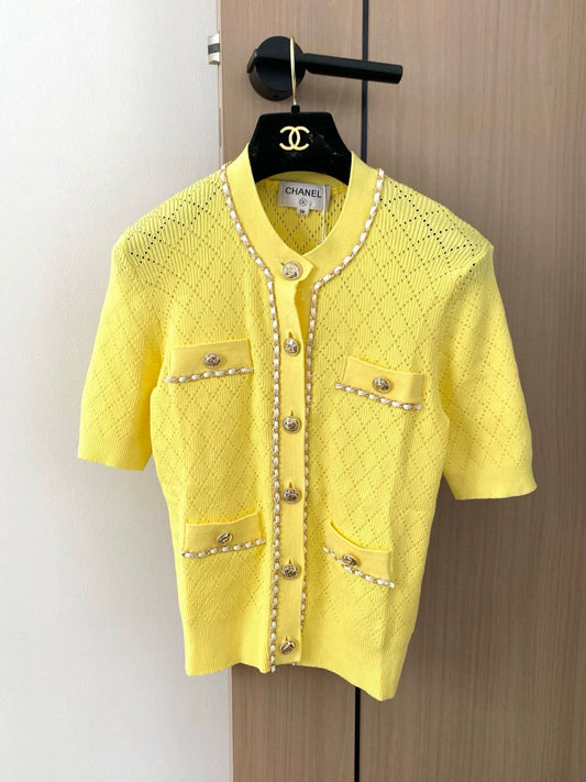 C 25 New Chain Buttons Hollow Out Round Neck Short Sleeve Knit Cardigan
