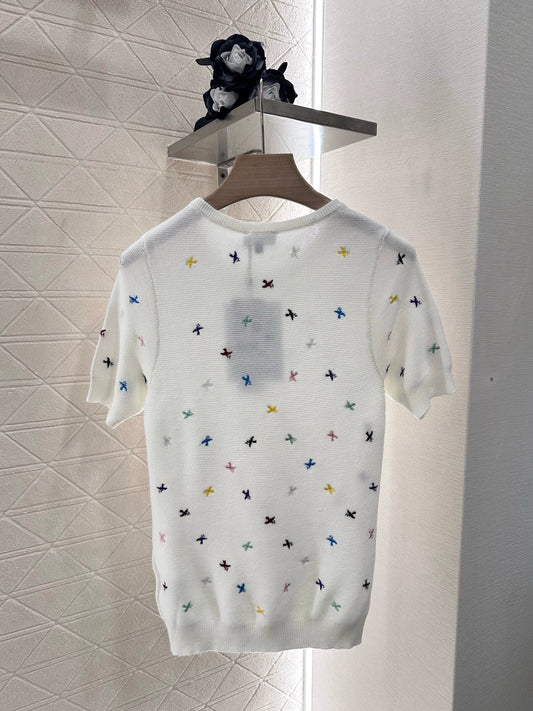 C 25 Embroidered Colorful Swallow Knit Short Sleeve Top
