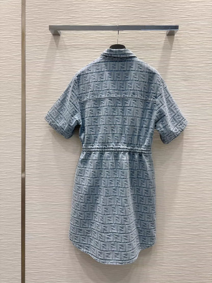 F 25 New Letter Jacquard Pocket Tie Dress Short Sleeve