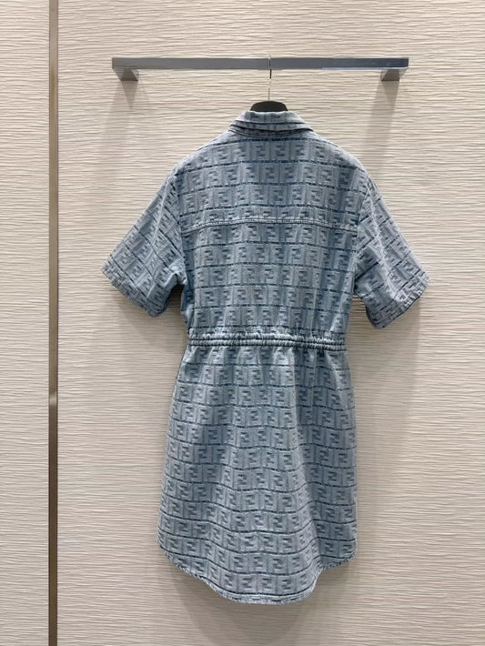 F 25 New Letter Jacquard Pocket Tie Dress Short Sleeve