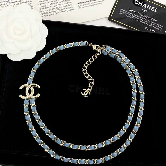 25 new leather chain denim blue double necklace