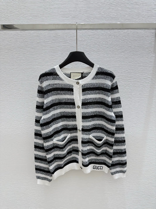 G 25 New Striped Letter Round Neck Long Sleeve Knit Cardigan