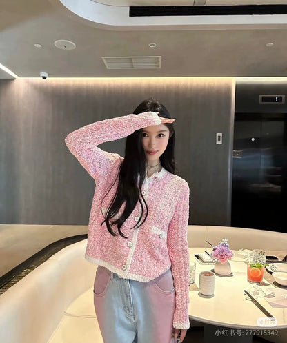 C 24 spring and summer new hollowed out logo buttons knit cardigan