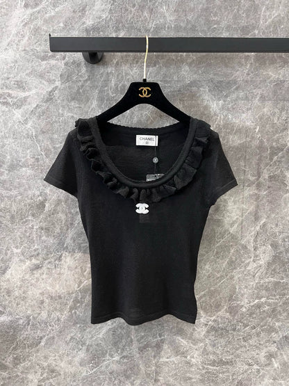 C 25Ss early spring new style lace round neck slim fit knitted short-sleeved top