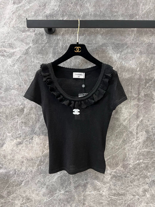 C 25Ss early spring new style lace round neck slim fit knitted short-sleeved top